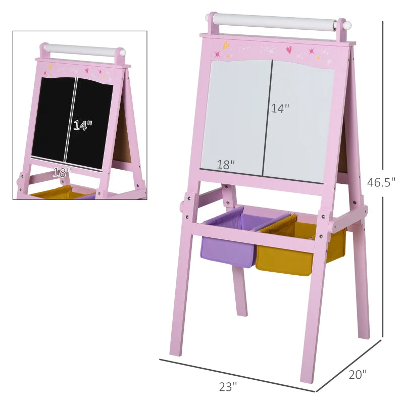 Qaba 3 In 1 Kids Wooden Art Easel with Paper Roll Double-Sided Chalkboard &  Whiteboard with Storage Baskets Gift for Toddler Girl Age 3 Years+ Pink