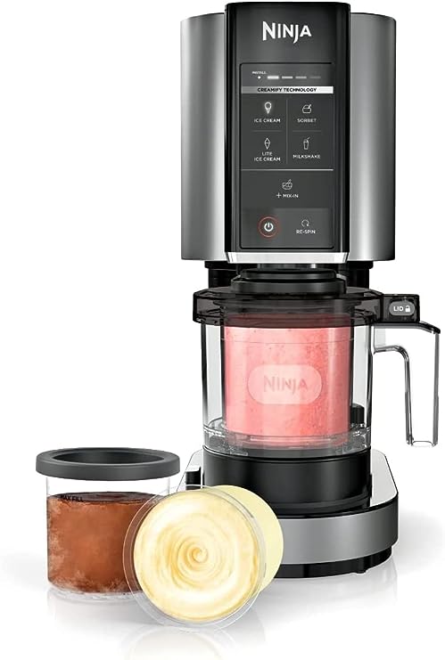 Ninja NC300 CREAMi Ice Cream Maker, for Gelato, Mix-ins, Milkshakes, Sorbet, Smoothie Bowls & More, 5 One-Touch Programs, with (2) Pint Containers & Lids, Compact Size, Perfect for Kids, Silver (Renewed)