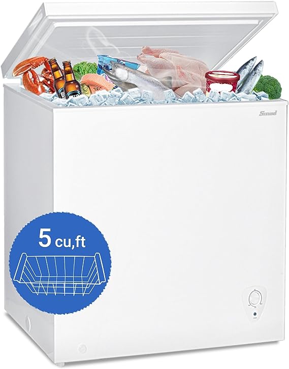 5.0 Cu Ft Chest Freezer with Removable Basket Free Standing Compact Freezer with Adjustable Temperature Top Open Door Deep Freezer Ideal for Apartment Garage Basement Office RV and Kitchen, White