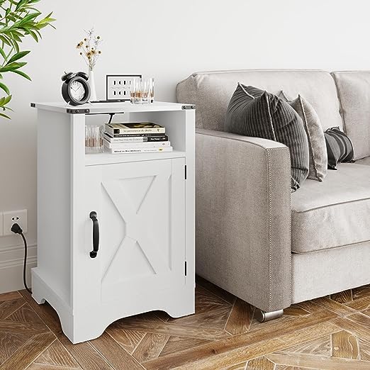 White Nightstand with Charging Station, Farmhouse Bedside Table with X-Shaped Design, Wooden Rustic End Table with Large Storage Room and Shelf for Bedroom, Living Room, Solid White