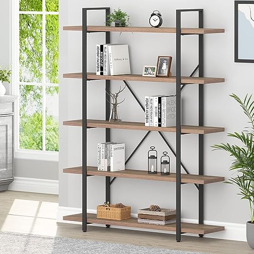 Industrial Wood and Metal 5 Tier Bookshelf, Large Tall Open Rustic Wide Etagere Bookcase, Vintage Farmhouse Modern Wooden Big Book Shelf for Home Living Room Bedroom Office Storage, Rustic Oak