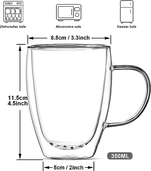 12 oz Double Walled Glass Coffee Mugs, Clear Cappuccino Glass Mug Set of 4, Double Insulated Glass Coffee Mugs with Handle, Latte Mug, Espresso Mug Cups for Hot/Cold Drinks, Dishwasher Safe