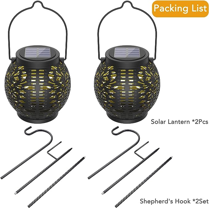 Solar Lantern Outdoor, 2 Pack Solar Hanging Lantern Lights with Shepherd Hooks, Solar Powered Lantern Waterproof with Handle, Christmas Decorative LED Garden Lights for Patio Courtyard Table Pathway