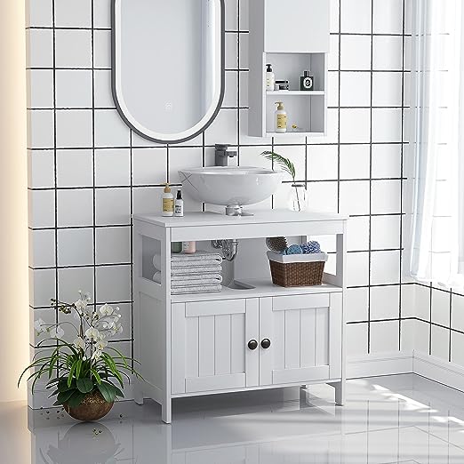 kleankin Pedestal Sink Storage Cabinet, Bathroom Under Sink Cabinet with 2 Doors and Open Shelf, Bathroom Vanity, White