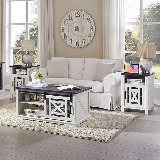 JXQTLINGMU End Table with Charging Station, Beside Table with Stroage Cabinet and Open Storage for Livingroom, White