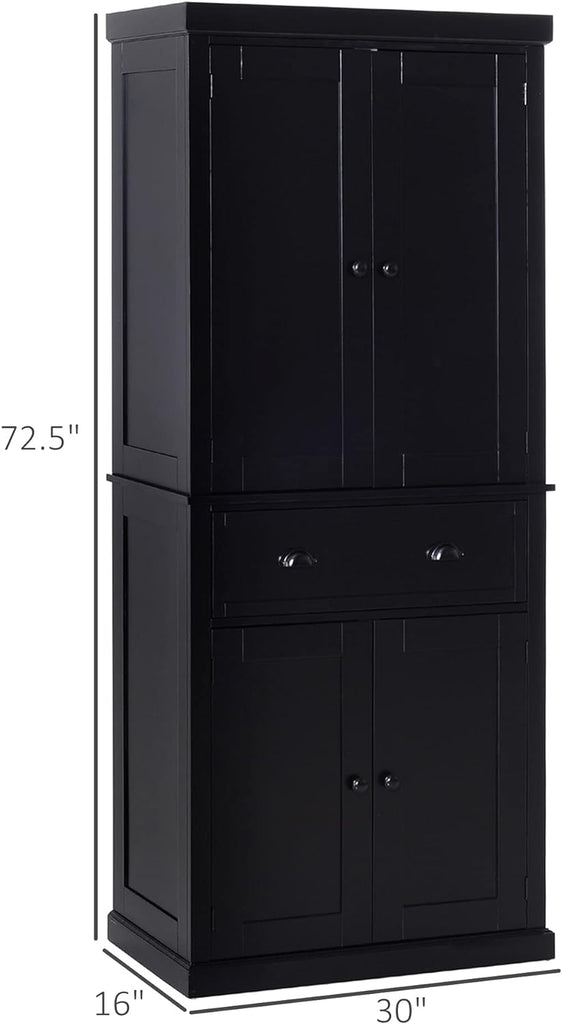 HOMCOM 72" Kitchen Pantry Storage Cabinet, Traditional Freestanding Cupboard with 4 Doors and 3 Adjustable Shelves, Large Central Drawer, Shaker, Black