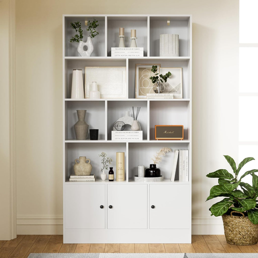 Anystyle White 13 Cube Bookshelf, 5-Tier Bookcase Storage Cabinet with 3 Doors for Bedroom, Living Room