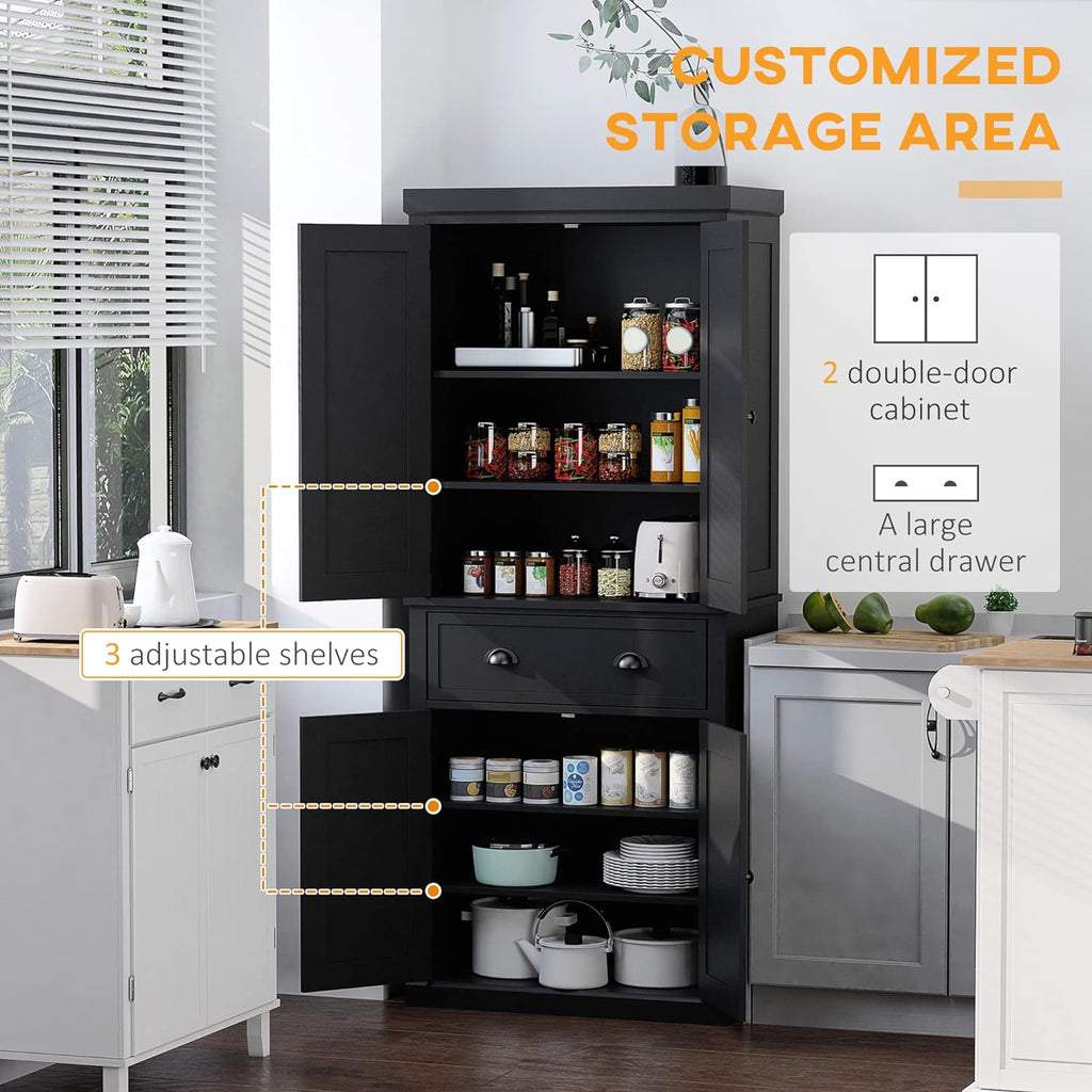 HOMCOM 72" Kitchen Pantry Storage Cabinet, Traditional Freestanding Cupboard with 4 Doors and 3 Adjustable Shelves, Large Central Drawer, Shaker, Black