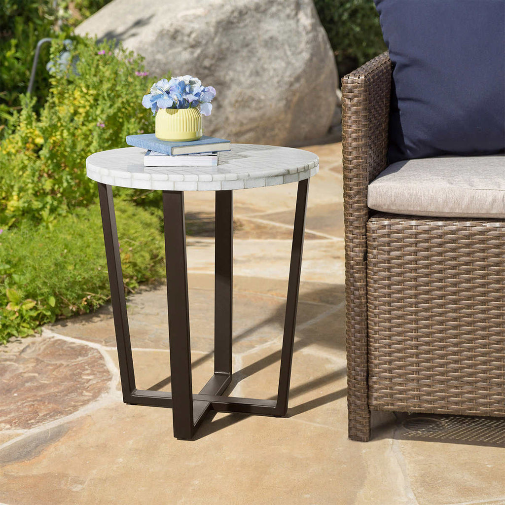 White Marble Mosaic & Metal Outdoor Accent Table