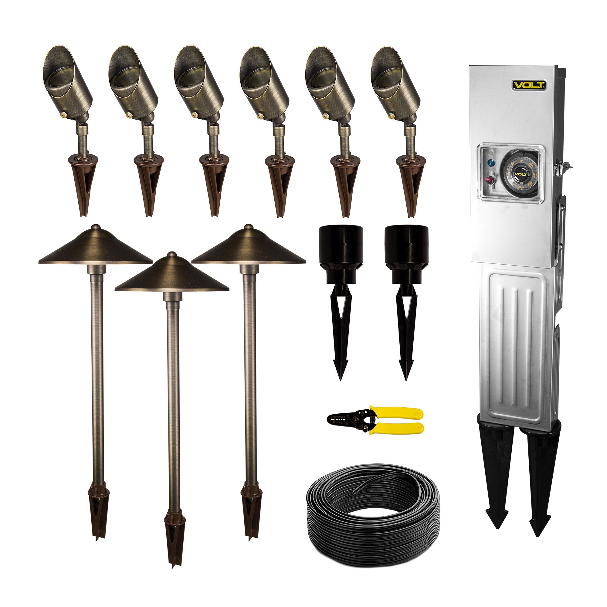 VOLT Landscape Lighting 9-piece Path & Area Light Brass LED Starter Kit Image