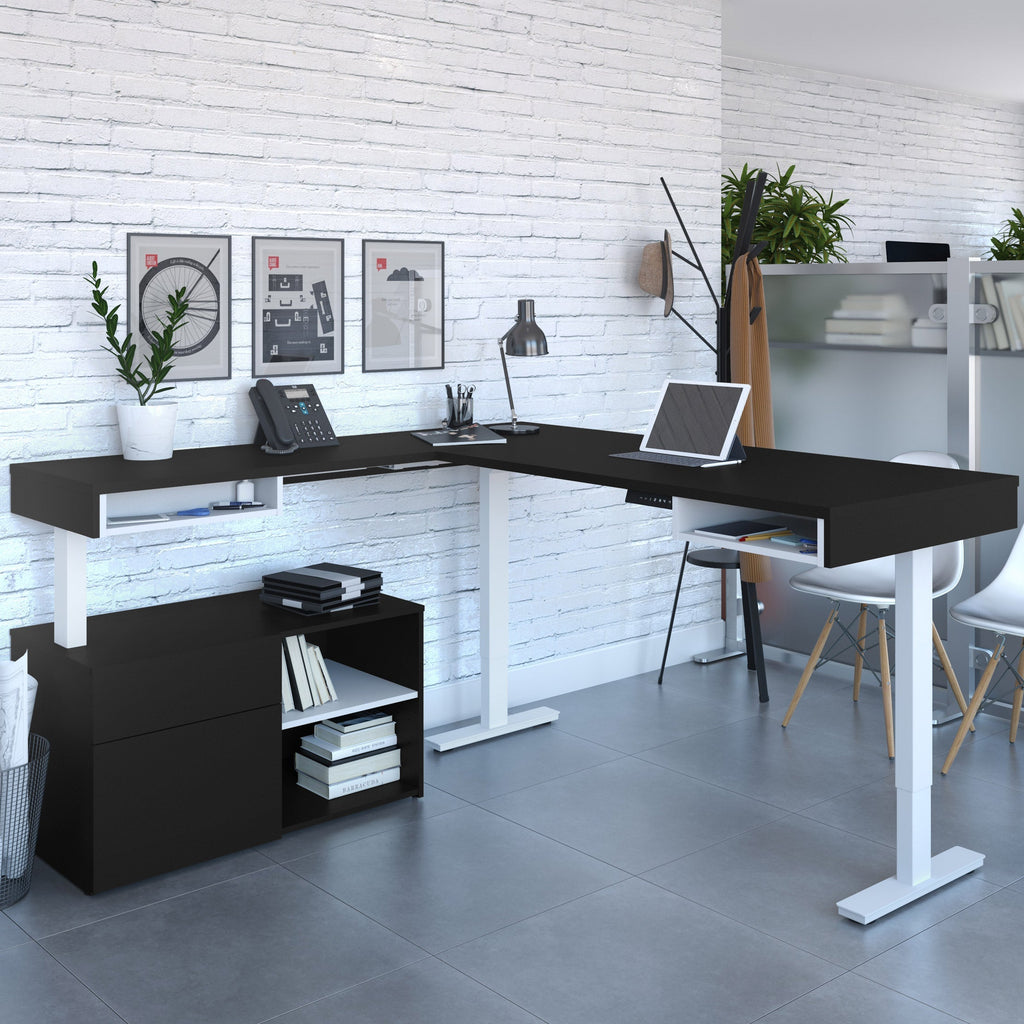 Viva L-Shape Height Sit and Stand Adjustable Workstation with an Adjustable Dual Monitor Arm with Storage tower