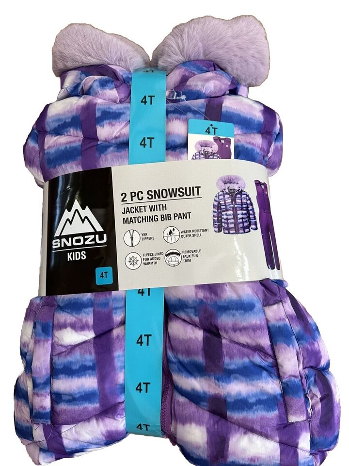 Snozu 2 Piece Snow Suit Set Jacket With Bib Pant Fleece Lined Size 4T, Purple