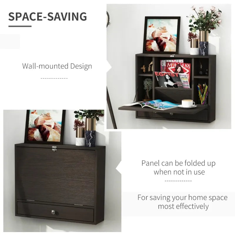 HOMCOM Wall Mounted Desk with Storage Shelves, Floating Desk with Foldable Tabletop, Space Saving Computer Writing Table, Coffee