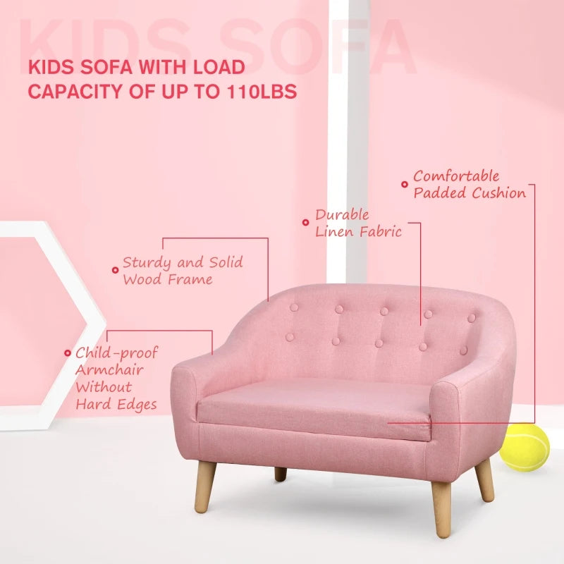 Qaba 2-Seat Kids Sofa Linen Fabric and Wooden Frame Sofa for Kids and Toddlers Ages 3-6, 11" High Seat, Pink