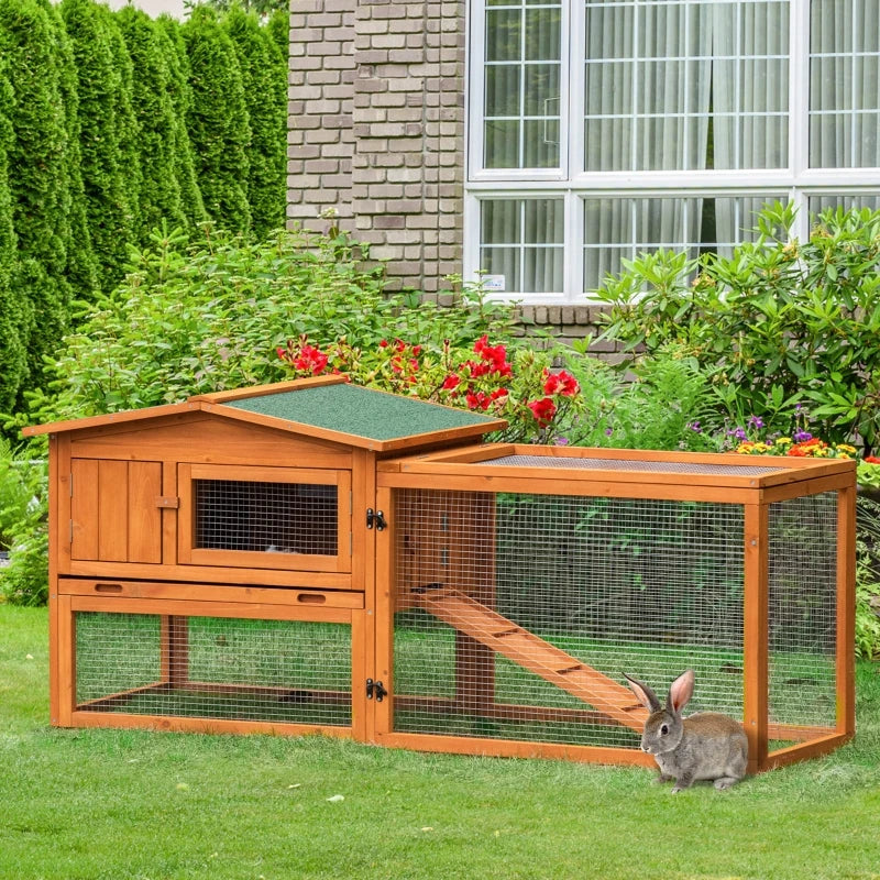 PawHut Rabbit Hutch 2-Story Bunny Cage Small Animal House with Slide Out Tray, Detachable Run, for Indoor Outdoor, 61.5" x 23" x 27", Orange