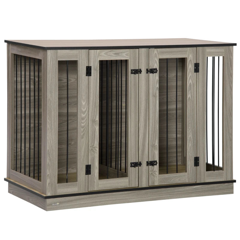 PawHut Large Furniture Style Dog Crate with Removable Panel, End Table with Two Rooms Design and Two Front Doors, Dark Walnut, 47.25" x 23.5" x 34.75"