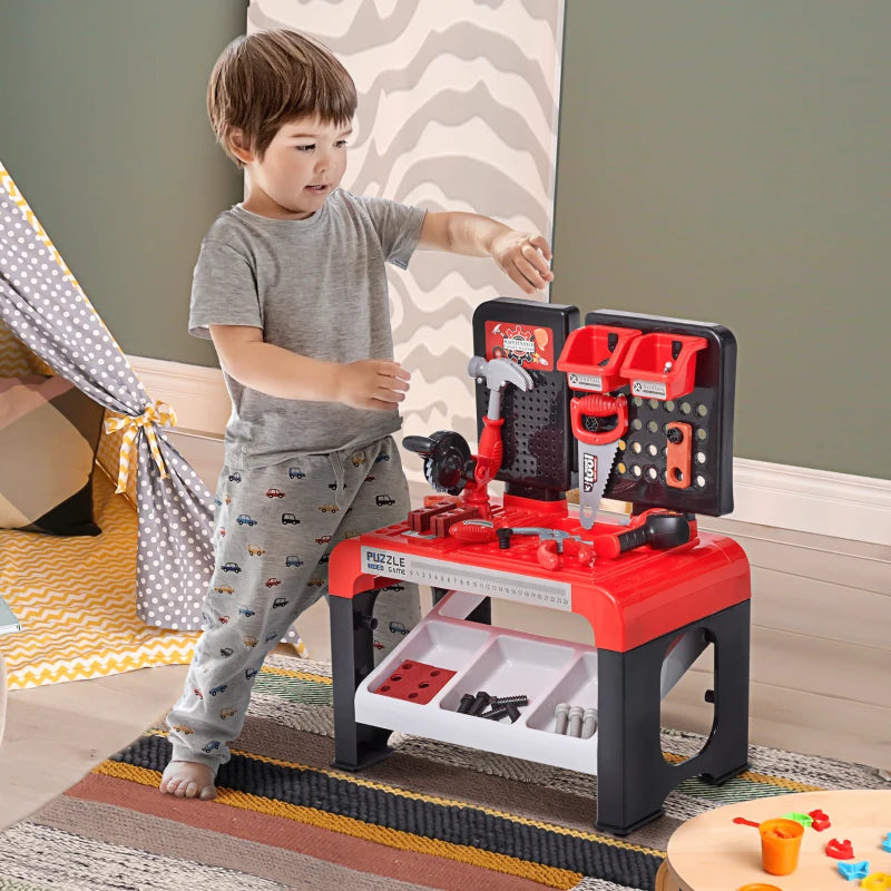 Qaba Workbench Toy for Kids of Ages 3+ Years Old, 46 Realistic Toy Tools and Accessories for Children - Red and Black