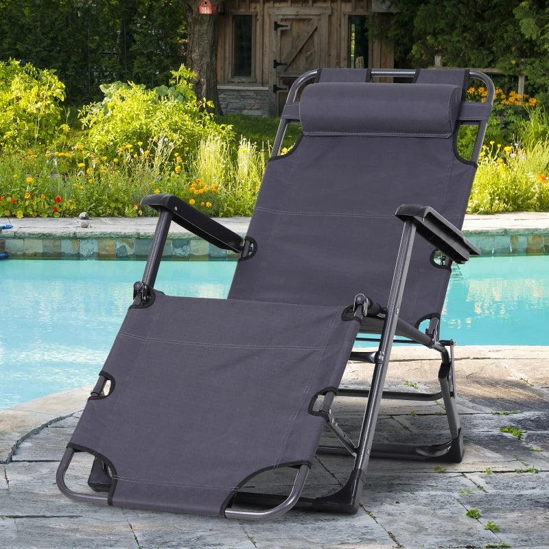 Outsunny Tanning Chair, 2-in-1 Beach Lounge Chair & Camping Chair w/ Pillow & Pocket, Adjustable Chaise for Sunbathing Outside, Patio, Poolside, Cream White