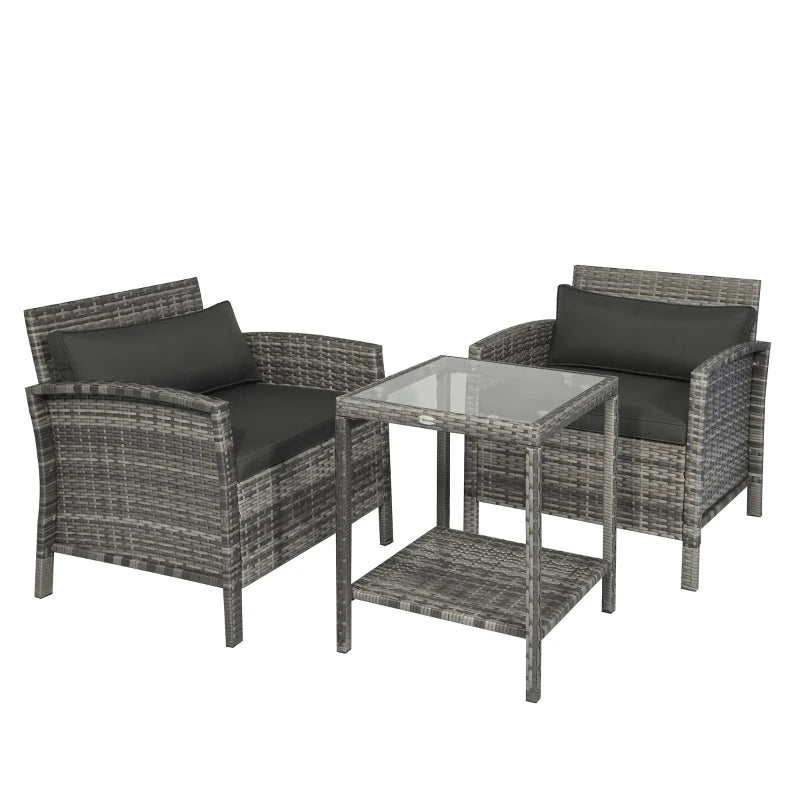 Outsunny 3 Piece Patio Furniture Set, PE Rattan Wicker Table, And Chairs, Conversation Set w/ Washable Cushion and Tempered Glass Tabletop for Outdoor Garden, Gray
