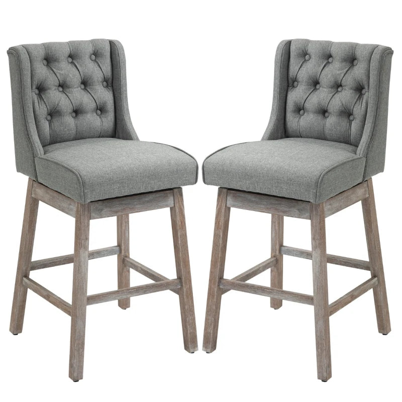 HOMCOM Bar Height Bar Stools Set of 2, 180 Degree Swivel Kitchen Island Stool, 30" Seat Height with Solid Wood Footrests and Button Tufted Design, Grey
