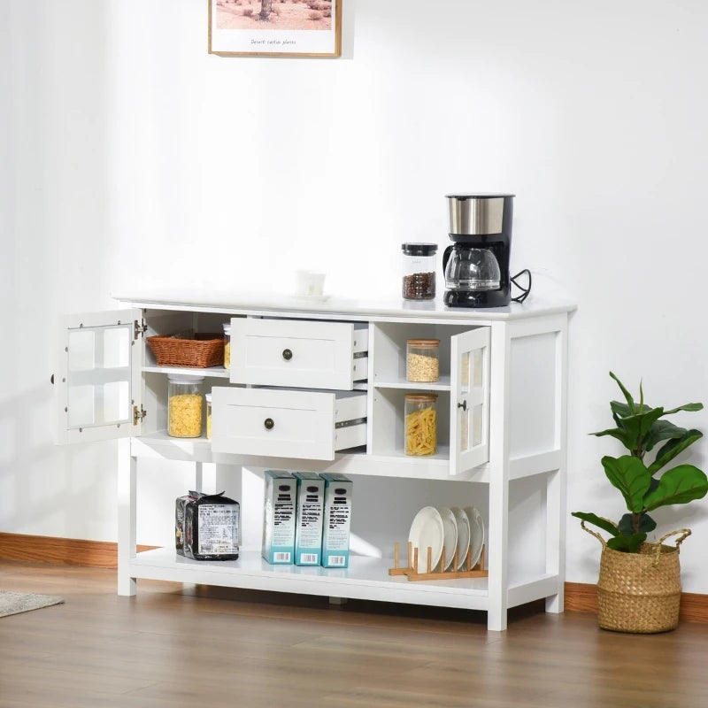 HOMCOM Coffee Bar Cabinet, Kitchen Cabinet with Adjustable Shelves, Glass Doors and 2 Drawers, Sideboard Buffet Cabinet for Living Room, White