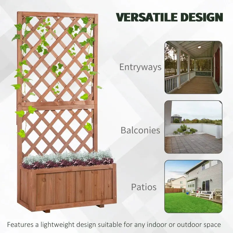 Outsunny Wooden Raised Garden Bed with Trellis and Drain Holes, 59" Outdoor Freestanding Planting Planter Box for Climbing Vine Plants Flowers