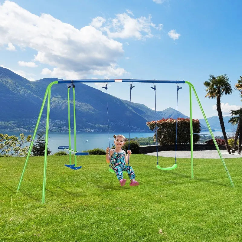 Outsunny Kids Metal Swing Set for Backyard, Heavy Duty A-Frame Swing Stand with 2 Seats, Glider and Adjustable Hanging Rope