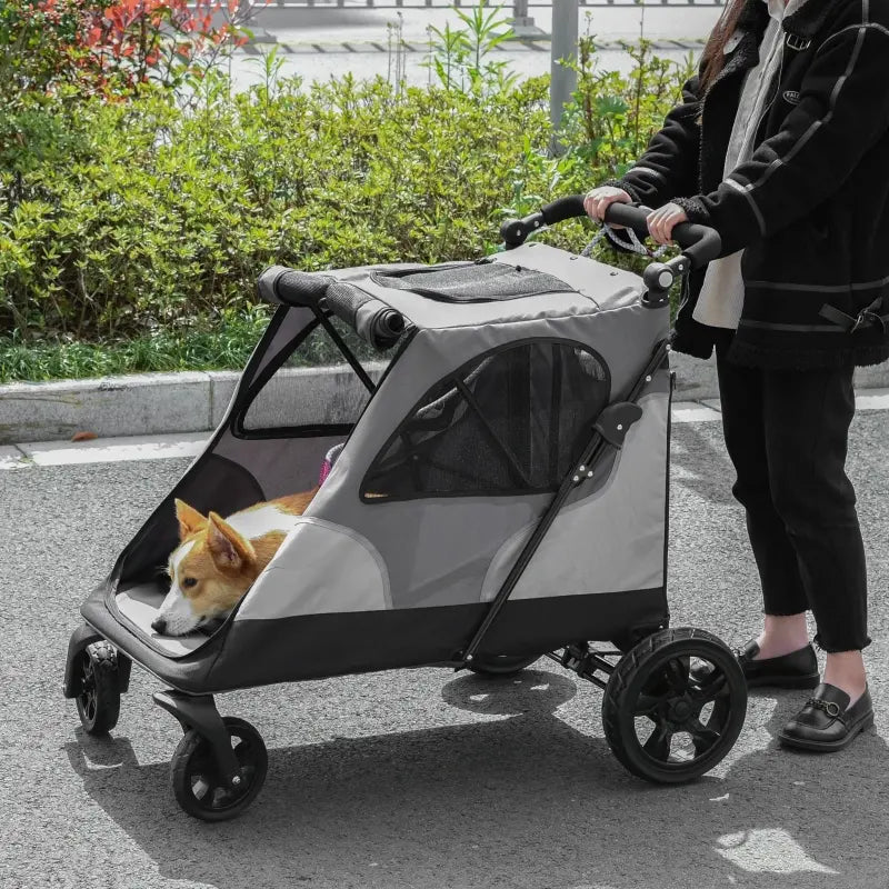 PawHut Pet Stroller Foldable Dog Cat Travel Pushchair with Adjustable Handlebar EVA Wheel Brake Storage Bag Safety Leash Mesh Window, Grey