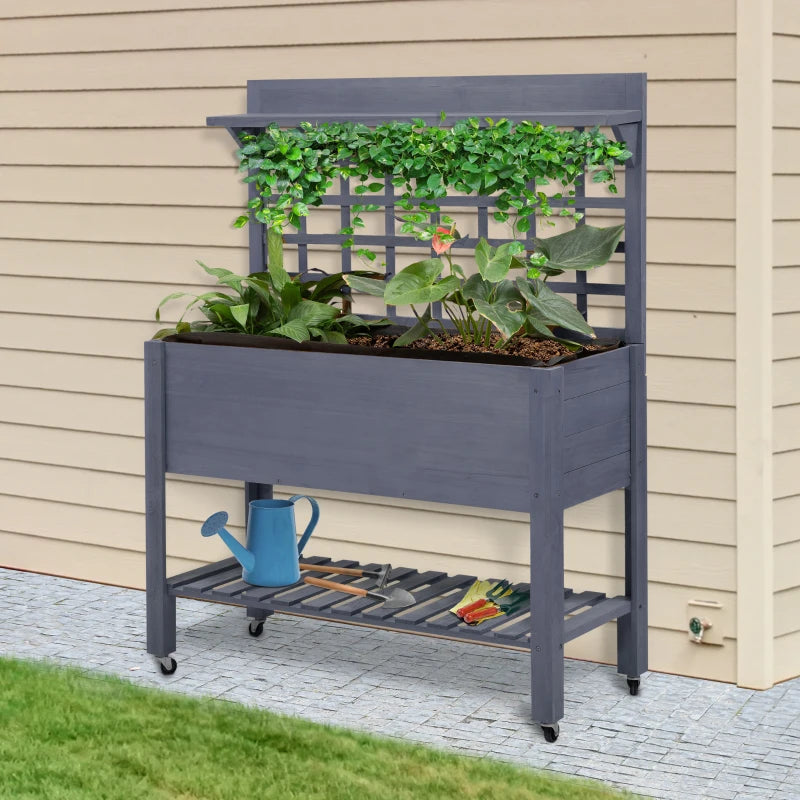 Outsunny 41" Raised Garden Bed Mobile Elevated Wooden Planter Box Stand with Wheels, Trellis and Storage Shelf, Gray