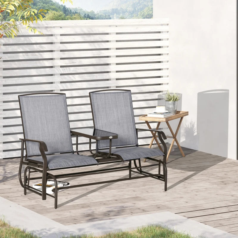Outsunny Outdoor Glider Bench with Center Table, Metal Frame Patio Loveseat with Breathable Mesh Fabric and Armrests for Backyard Garden Porch, Brown