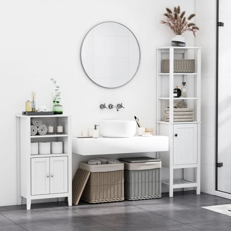 kleankin Tall Bathroom Storage Cabinet, Freestanding Linen Tower with 3-Tier Open Shelf and Cupboard, Slim Floor Organizer, White