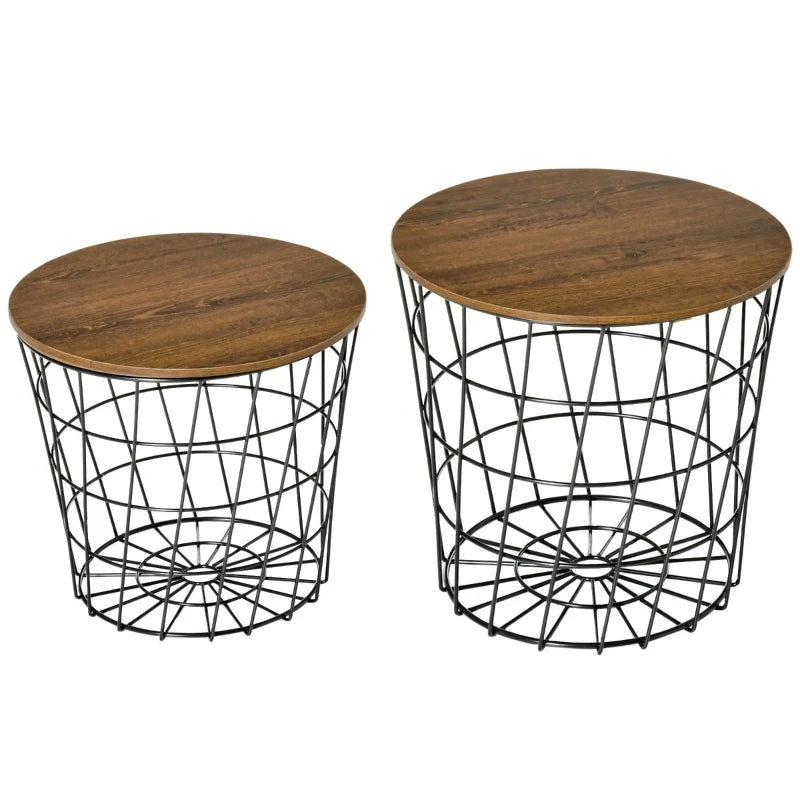 HOMCOM End Tables Set of 2, Nesting Tables with Storage, Round Accent Side Tables with Removable Top for Living Room, Bedroom, Black / Brown