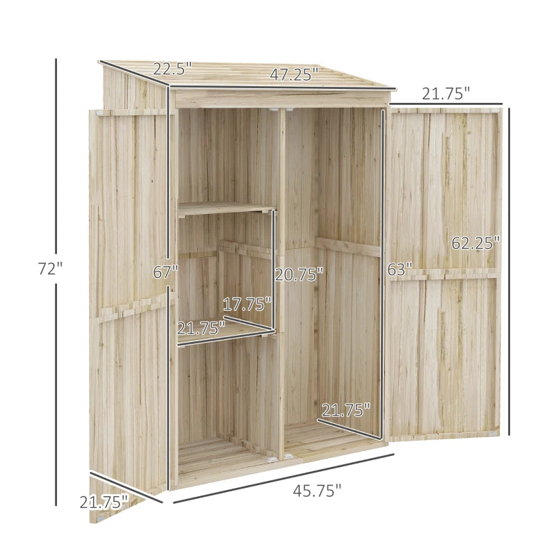Outsunny Wooden Garden Shed Tool Storage, Garden Shed with Double Magnet Doors, Tilted Roof, 47.25"  x 22.5" x 72'', Natural
