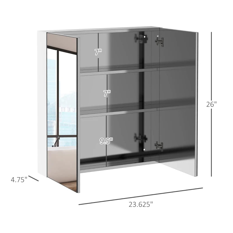 kleankin Bathroom Mirrored Cabinet, 24"x26" Stainless Steel Frame Medicine Cabinet, Wall-Mounted Storage Organizer with Double Doors, Silver