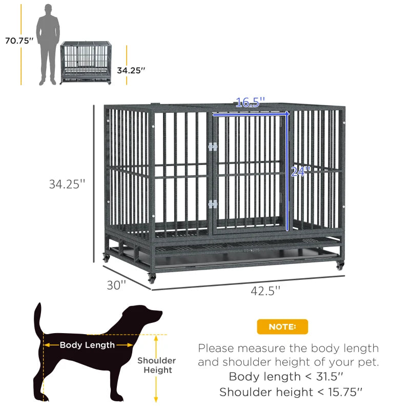 PawHut 36" Heavy Duty Steel Dog Crate Kennel with Wheels - Grey Vein