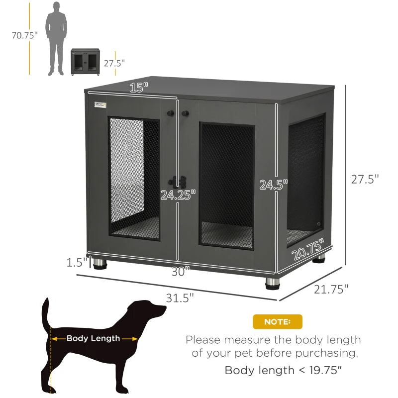 PawHut Dog Crate Indoor Dog Kennel for Small Medium Dogs with Double Doors, 31.5" x 21.75" x 27.5", Grey