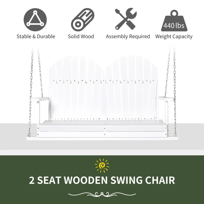 Outsunny 46" 2-Person Outdoor Porch Swing Bench with Solid Wood Design, Southern Style, & Chains Included, 440 lb Weight Capacity, White