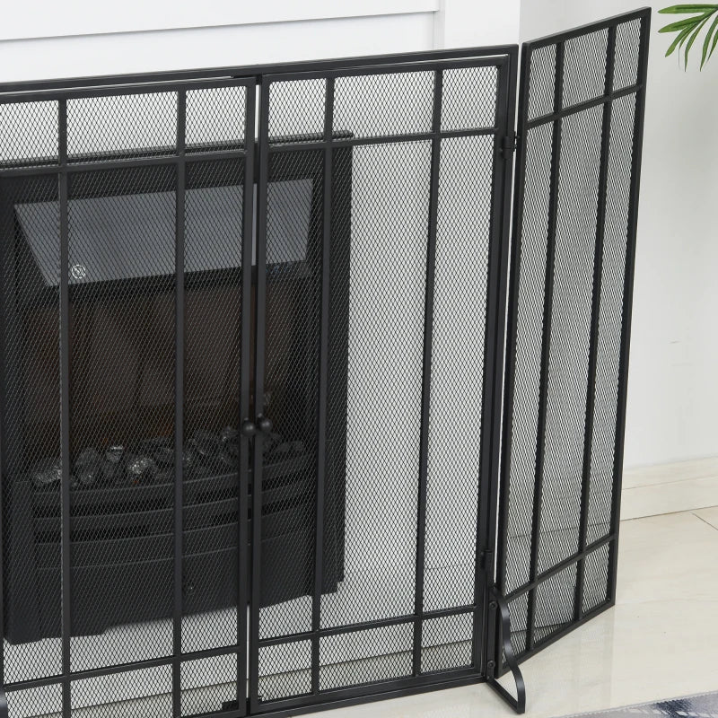 HOMCOM 3-Panel Metal Mesh Screen Fireplace with Foldable Steel Spark Guard and Magnetic Doors - Black