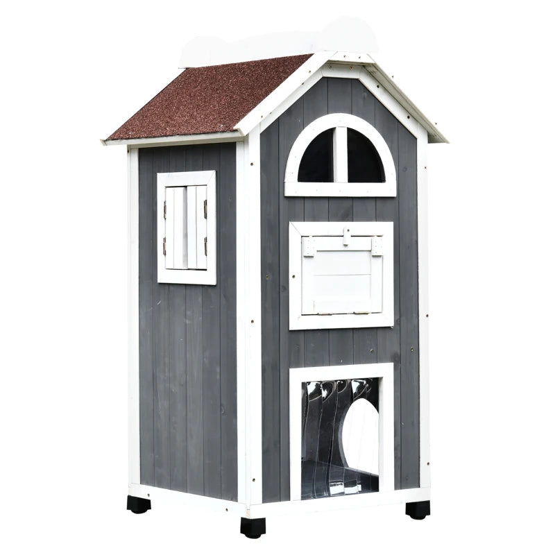 PawHut Wooden 2-Floor Cat House with Window, Universal Wheels, Cat Shelter, Kitten Kennel with Escape Door, Gray