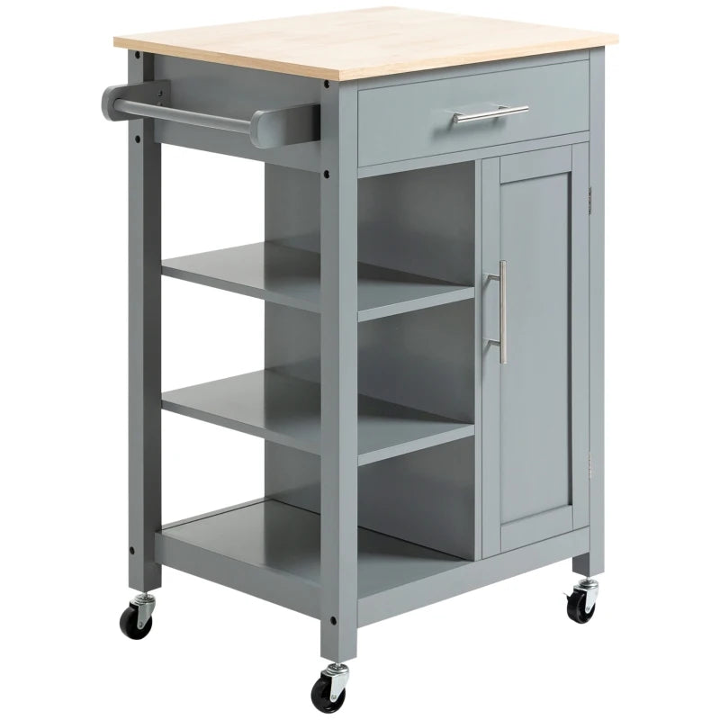 HOMCOM Compact Kitchen Island Cart on Wheels, Rolling Utility Trolley Cart  with Storage Shelf & Drawer for Dining Room, Grey