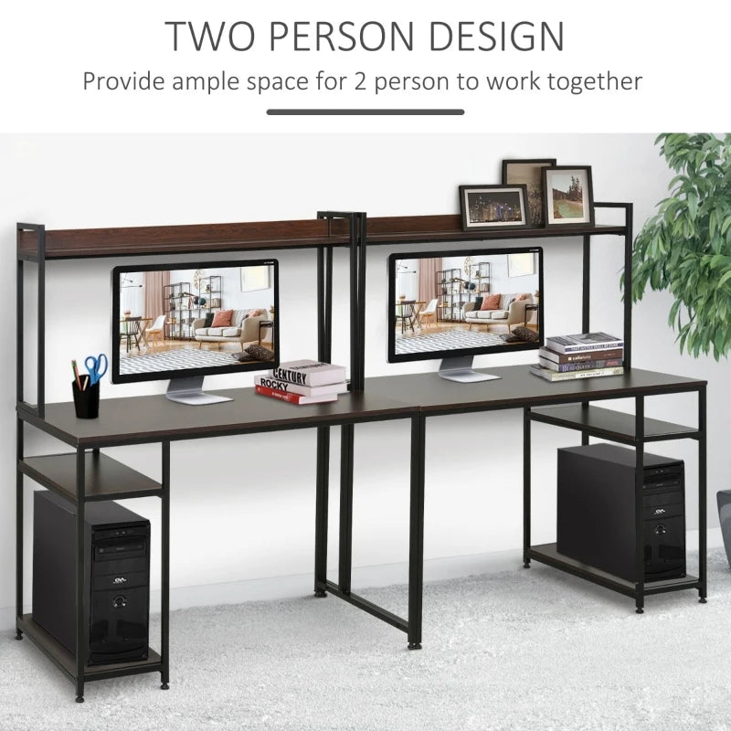 HOMCOM 94.5in Industrial Double Computer Desk with Hutch and Storage Shelves, Extra Long Home Office Writing Table 2 Person Workstation, CPU Stand, Brown Wood Grain