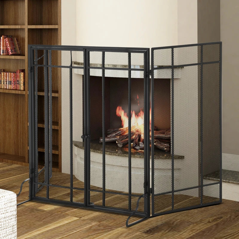 HOMCOM 3-Panel Metal Mesh Screen Fireplace with Foldable Steel Spark Guard and Magnetic Doors - Black