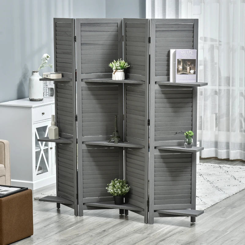 HOMCOM 4 Panel 67" Tall Wood Privacy Screen Room Divider with 3 Display Shelves, and Folding Storage for Bedroom or Home Office, Grey