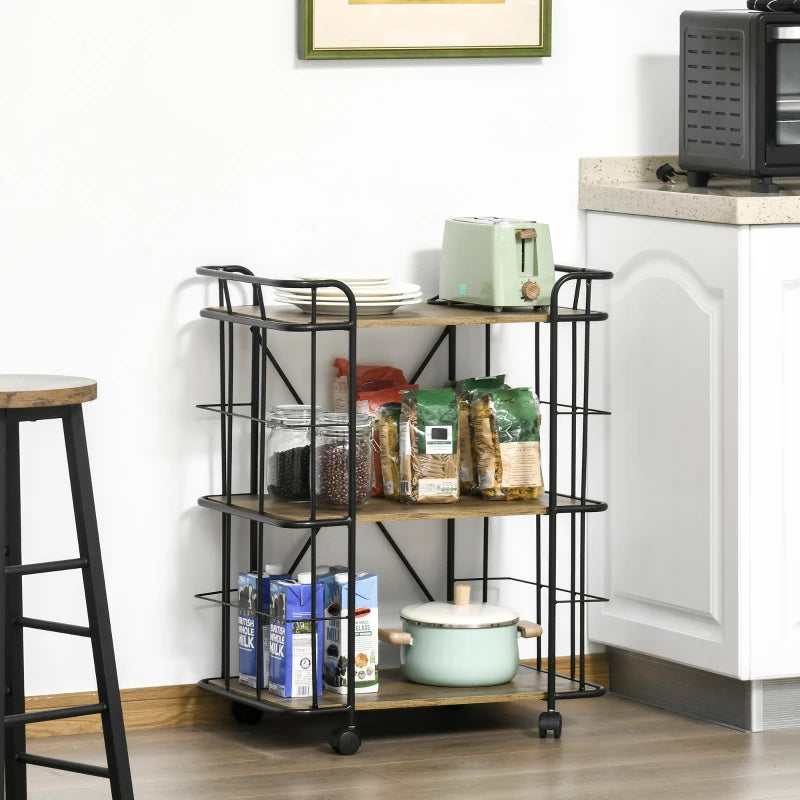 HOMCOM Bar Cart, Industrial Kitchen Cart with 3 Storage Shelves, Home Bar & Serving Carts with Wheels for Dining Room, Laundry Room, and Bathroom, Light Brown Wood Grain