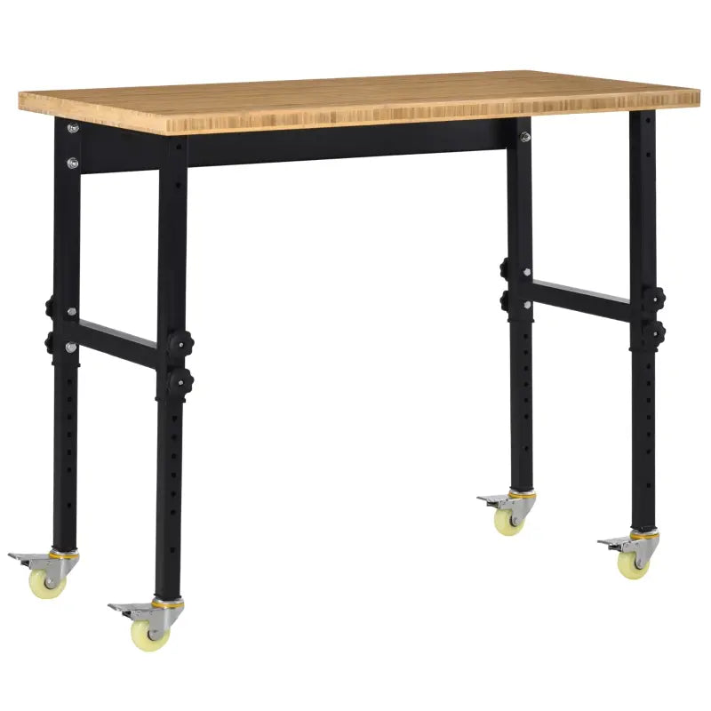 HOMCOM 47" Work Bench with Height Adjustable Legs, Bamboo Tabletop Workstation Tool Table on Wheels for Garage, Weight Capacity 1320 Lbs, Black/Natural
