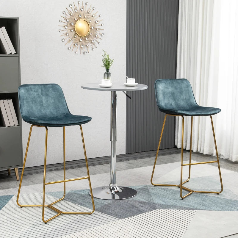 HOMCOM Bar Height Bar Stools, Velvet-Touch Fabric Bar Chairs, 30.25" Seat Height Stools with Gold-Tone Metal Legs for Dining Area, Home Bar, Set of 2, Blue