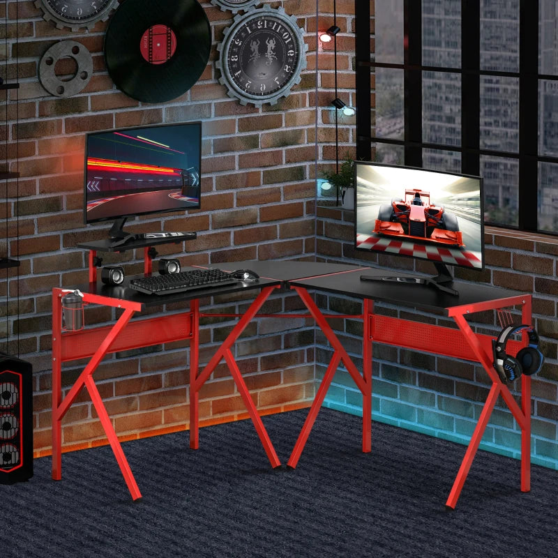 HOMCOM Racing Gaming Desk Carbon Fiber Style Computer Table with Elevated Monitor Shelf, Headphone Hook and Cup Holder, Black