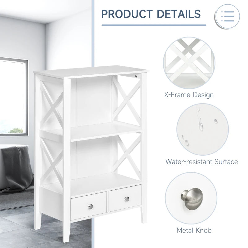 kleankin X- Frame Freestanding Floor Bathroom Storage with Two Drawers, Storage Organizer, Cabinet with 3 Shelves - White
