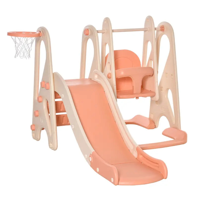 Qaba 3 in 1 Design Kids Swing and Slide Set with Basketball Hoop Toddler Playground Play Set Fun Climber Set Activity Center, Indoor/Outdoor - Pink