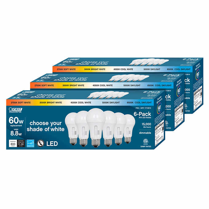 Feit Electric 60W Replacement 5-CCT LED A19 Bulbs, 18-pack